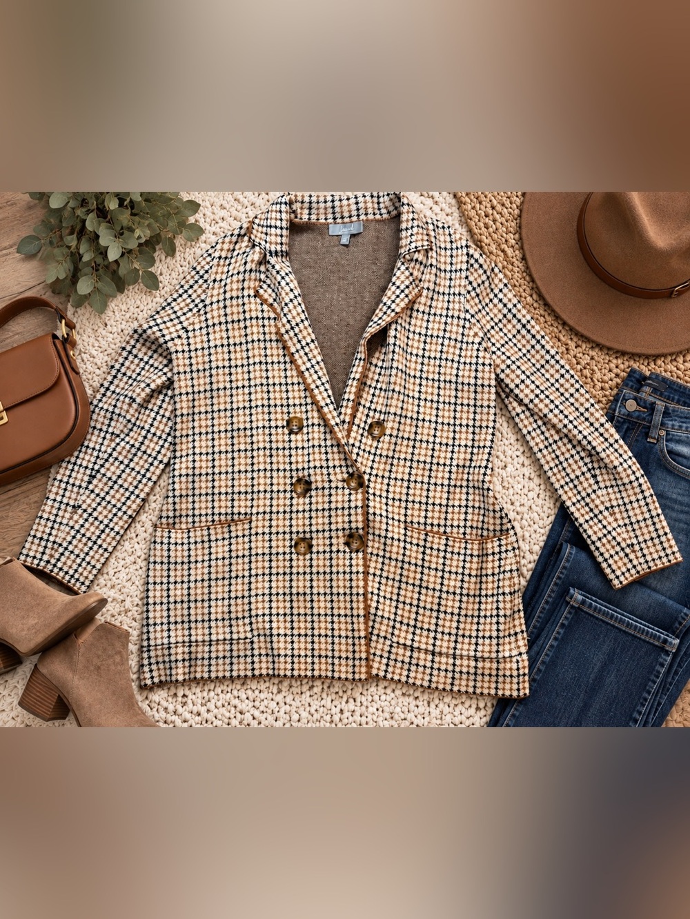 Marled by Reunited Clothing Houndstooth Knit Blazer Jacket Camel Black XL